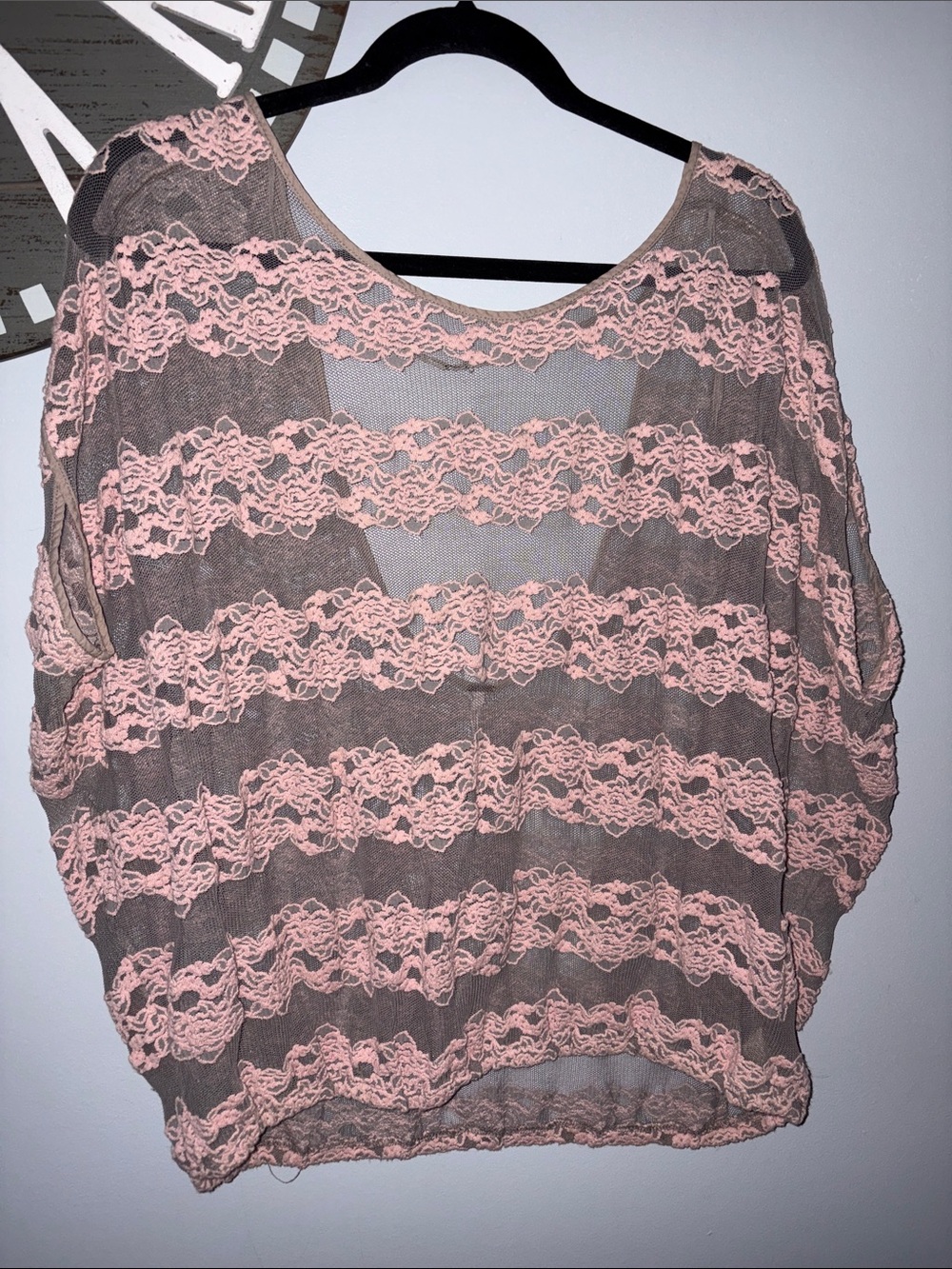 Free People Blush Pink Lace Striped Sheer Top